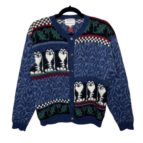 Vintage 90s Susan Bristol Pure Wool Cat Cardigan Sweater Medium - Picture 1 of 13